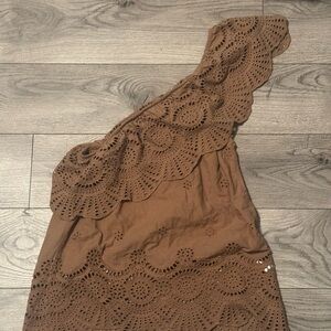 Brown One-Shoulder Eyelet Top – Size Small, Boho Chic Embroidered Lace